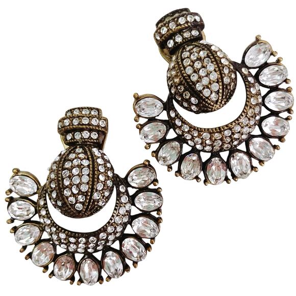 Signed Heidi Daus Clear Rhinestone Gold Tone Door Knocker Clip On Earrings - Picture 1 of 11
